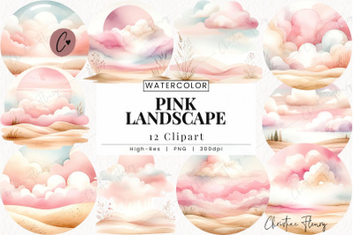 Pink Watercolor Landscape Clipart