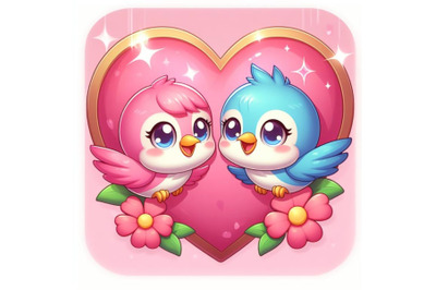 Two cute bird lovers on pink hearts