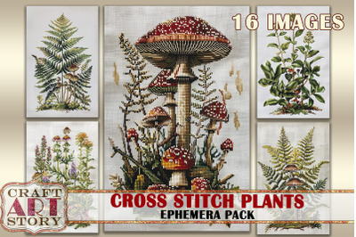 Cross stitch plants Ephemera Pack, Junk Journal fabric