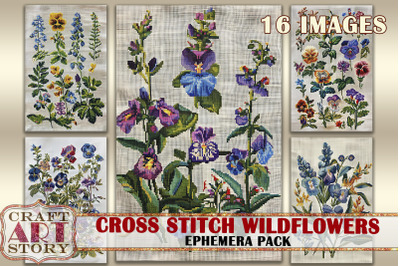 Cross stitch wildflowers Ephemera Pack, Junk Journal fabric