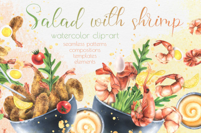 Shrimp with vegetables and dishes watercolor clipart