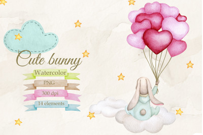 Cute baby bunny with air balloons. Watercolor set PNG