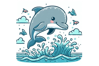 Cute dolphin jumping out of the ocean doodle art on white background