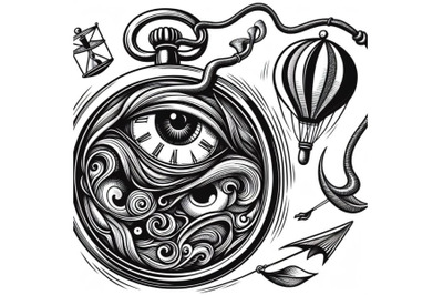Illustration of a surrealist pocket watch with black lines