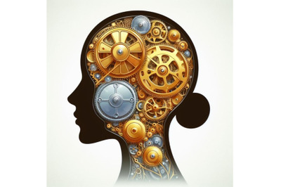 intelligence, healthy mind, creativity concept. Golden clockwork mecha