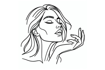 Line Drawing Art. Woman face with hand