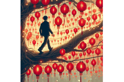 Man walking on a tree branch with many red lanterns on background, dig