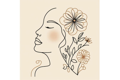 Minimal line art female face with flowers design fashion illustration