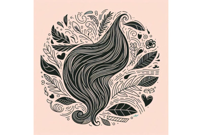 Vector hand drawn long hair, Leave, Flower, abstract shape. Doodle