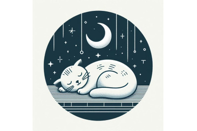 Minimalist design with sleeping cat and moon