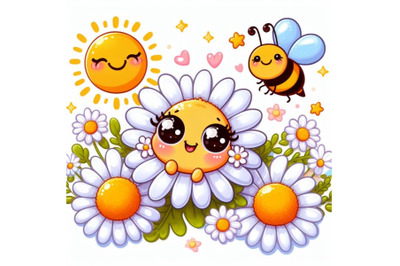 Vector cute happy cheeky daisy flowers portrait with bee and sun