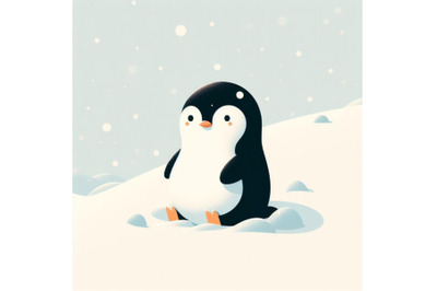 Minimalistic Penguin Sitting In Snowy Field on white background