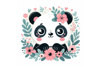 Panda cute animal baby face with flowers and leaves elements vector il