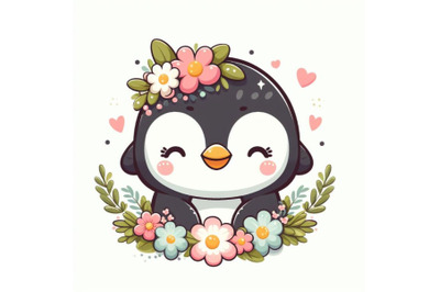 Penguin cute animal baby face with flowers and leaves elements vector