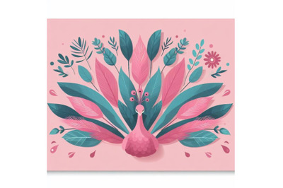 Pink peacock Wall Art With Abstract Leaves As Its Wings
