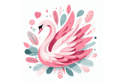 Pink Swan Wall Art With Abstract Leaves As Its Wings Vector Illustrati