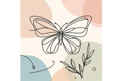Simple butterfly one line drawing on minimal cubism shapes background