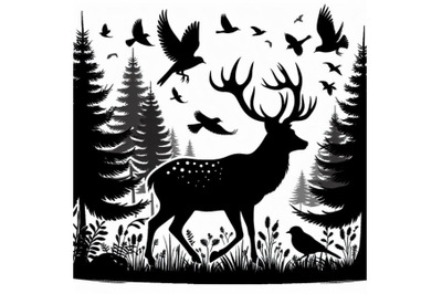 Silhouette of a deer with pine forest and birds, black and white color