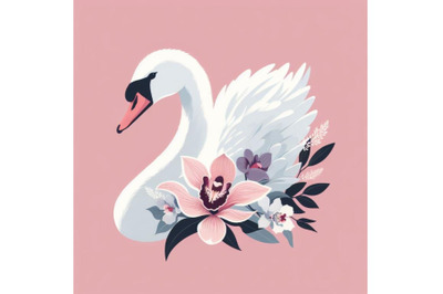 swan portrait with minimal shape, tropical florals orchid flower