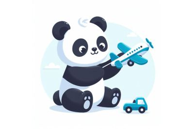 Vector flat panda playing airplane toy. Stock vector minimal image iso