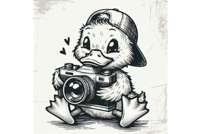 Vector illustration of hand drawn sketch cartoon baby duck hugs his ph