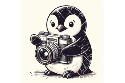 Vector illustration of hand drawn sketch cartoon penguin hugs his phot