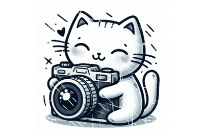 Vector illustration of hand drawn sketch crtoon white cat hugs his pho