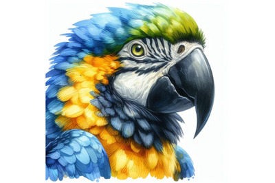 Watercolor closeup portrait of Blue-and-yellow Ara macaw parrot or Ara
