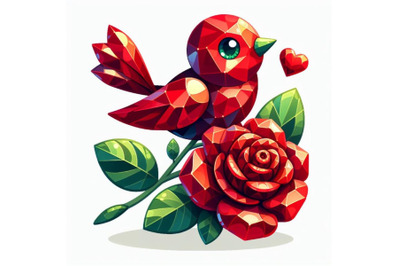 A red rose made of beautiful gemstones. Bird. Wildlife