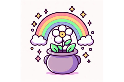 Pot of flower with magic rainbow