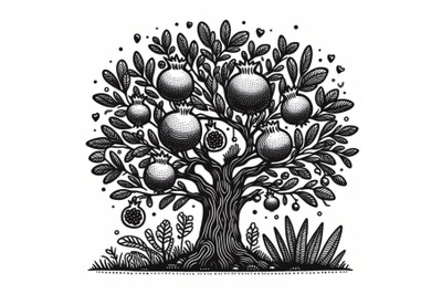 Pomegranate tree - kids illustration. Black and white doodle art