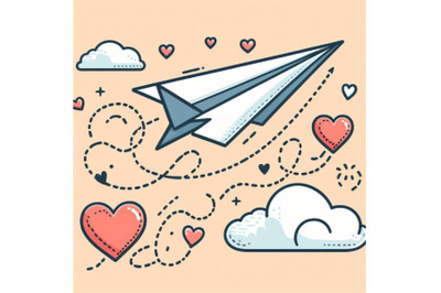 Paper plane with heart path. Flying airplane with contour dotted trace