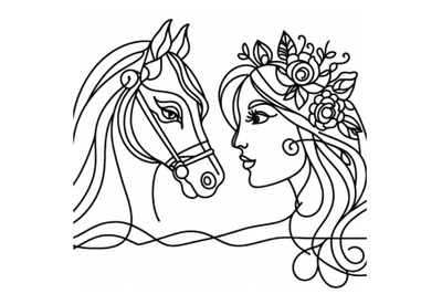 One line drawing. Horse and woman heads