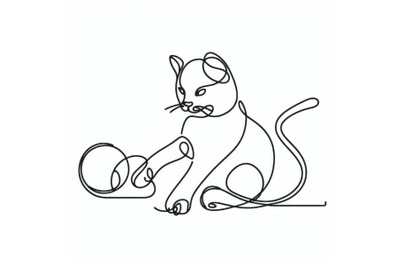 One line Minimalist continuous linear sketch cat playing with ball