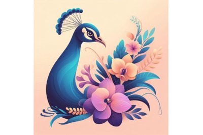 beautiful peacock portrait with minimal shape, tropical florals orchid