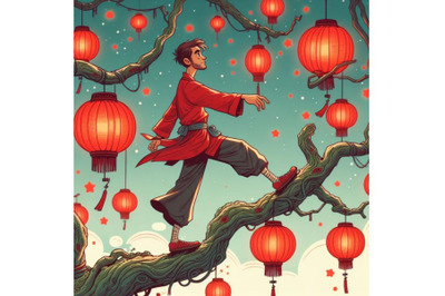 Man walking on tree branch with red lanterns digital art