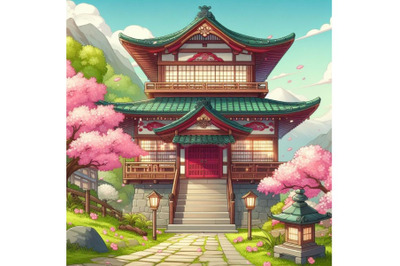 Japan traditional house at cherry blossom season