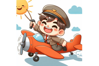 Happy smiling kid flying plane like a real pilot