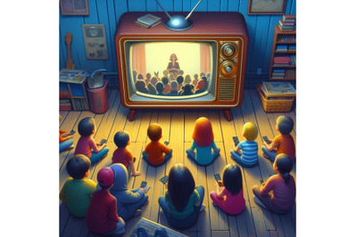 Group of tiny people watching a TV program in vintage television set d