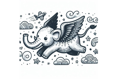 Flying elephant Doodle Art on white background