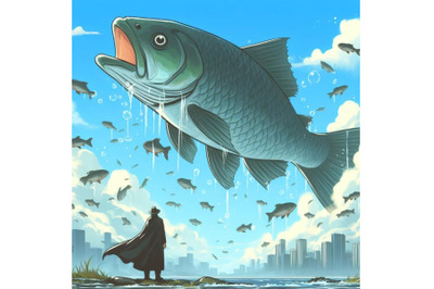 Giant fish floating in the sky above man in black cloak, digital art s