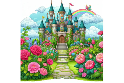 Fantasy garden castle with many flowers roses and clouds