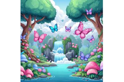 Fairy tale forest with pink&2C; purple&2C; blue butterfly around waterfall a