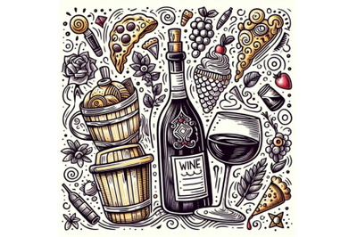 Doodle art of wine bottle and glass on white background