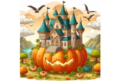 Digital illustration of a palace on top of a pumpkin