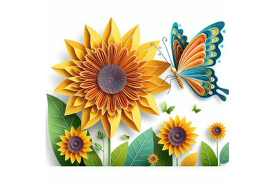 butterfly on sunflower made of paper, abstract art on white background