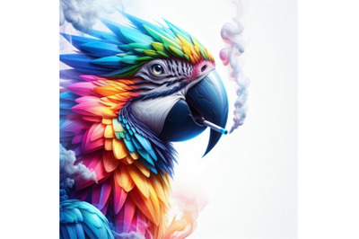 Crystal white background, digital art, rainbow smoke macaw parrot