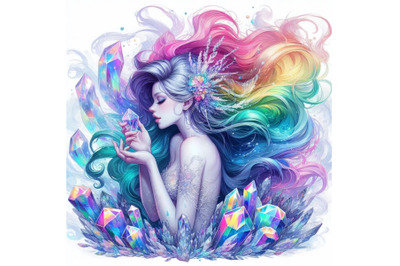 Crystal white background, digital art, rainbow smoke mermaid