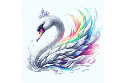 Crystal white background, digital art, rainbow smoke swan portrait