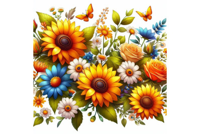 Colorful yellow and orange digital art summer flowers on white